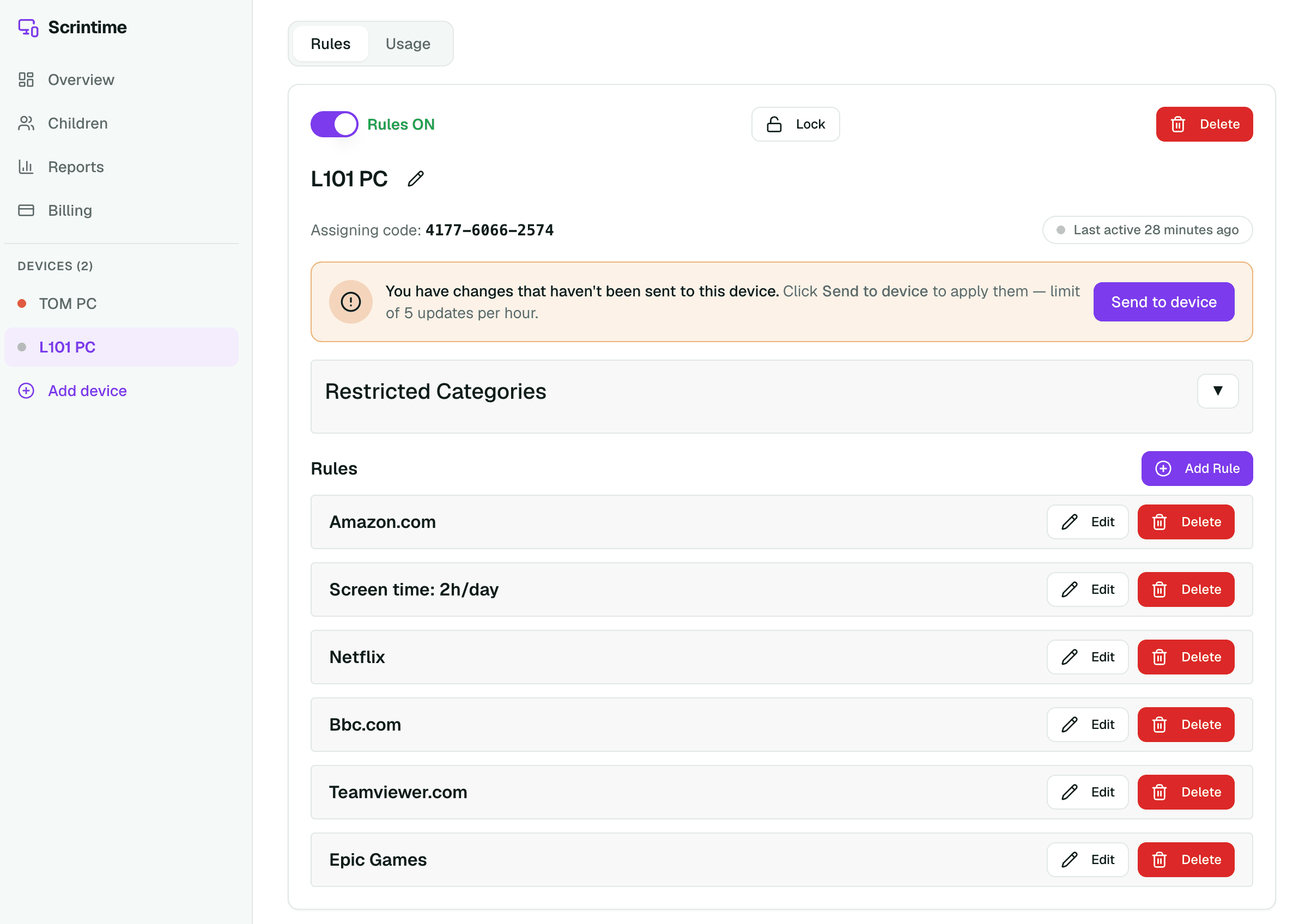 A paired device page with rules, categories and usage