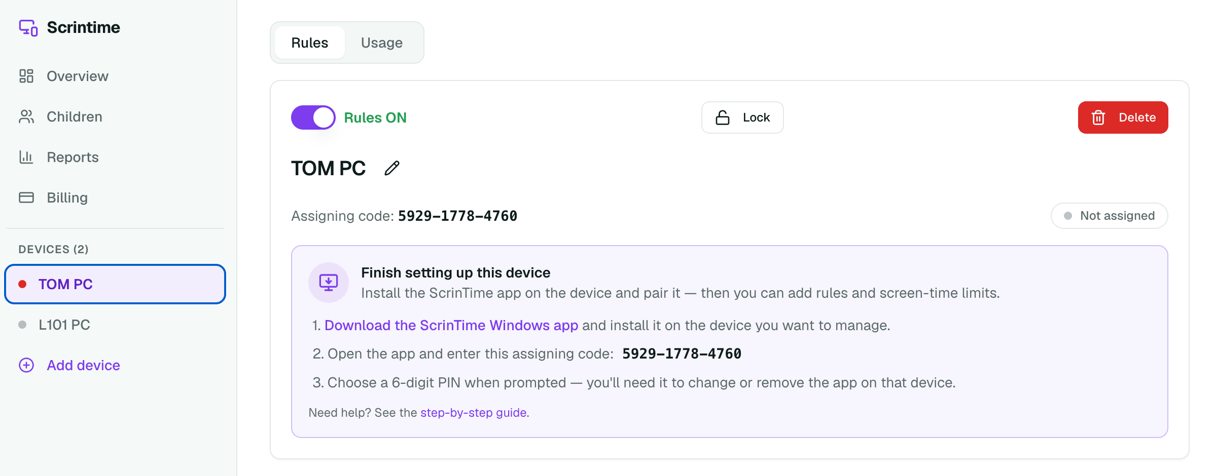 Device page showing the 12-digit assigning code and setup steps